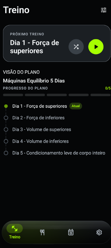 Tela de treino do Severo mostrando o próximo treino e o progresso do plano.