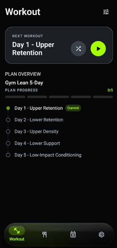 Severo workout screen showing the next workout and plan progress.